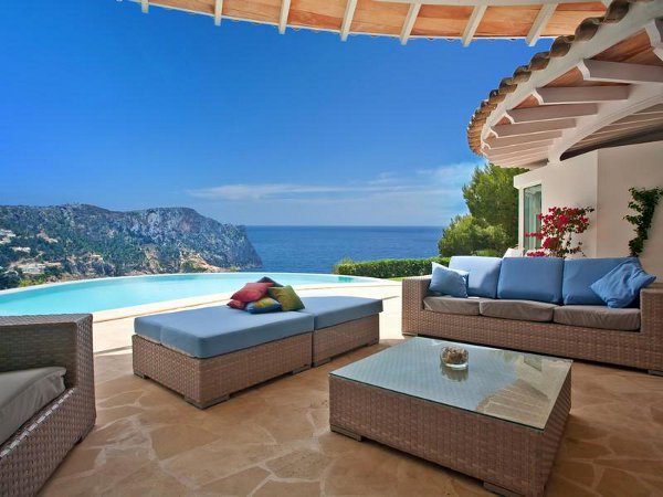 Ocean And Enjoyed Incredible Ocean And Hill View Enjoyed From South Facing Villa Seating Space With Baby Blue Padded Bench And Sofa Dream Homes  Spectacular Hill Home Design With Striking Courtyard Swimming Pools