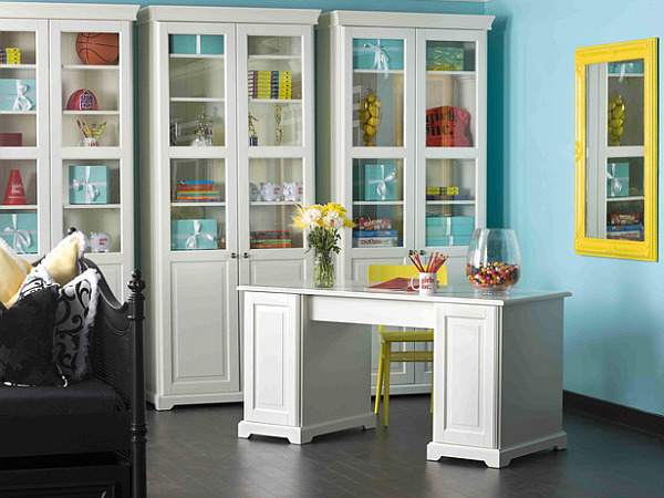 Neon Color Office Inspiring Neon Color In Home Office With White Table And Flower That Beside The Cabinet That Showing All Of Furniture Interior Design Colorful Neon Interior Paint With Contemporary Interior Accents