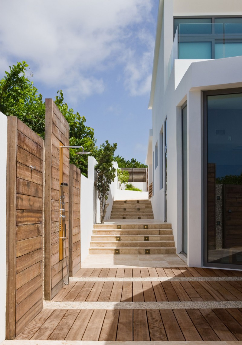 Wooden Striped Floor Inspiring Wooden Striped Fence And Floor Surrounding The House Of Villa Kishti Residence Installed In White Painted Wall Architecture Elegant Modern Villa Which Is Built In Stunning Big Style