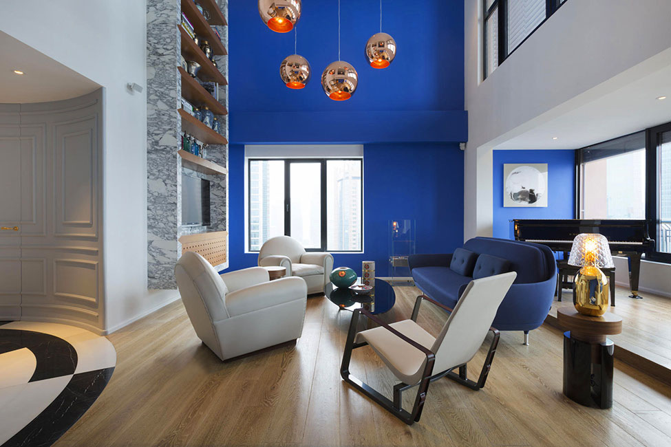 Blue Penthouse Studio Interesting Blue Penthouse By Dariel Studio Double Height Living Room Illuminated By Copper Orange Pendants Dream Homes A Pair Of Functional And Stylish Home Brimming With Artistic Interior Touch