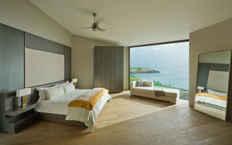 Gray Wooden In Interesting Gray Wooden Striped Wall In The Bedroom Of Villa Kishti Residence Completed With White Lounge Near The Wooden Glass Window Architecture Elegant Modern Villa Which Is Built In Stunning Big Style