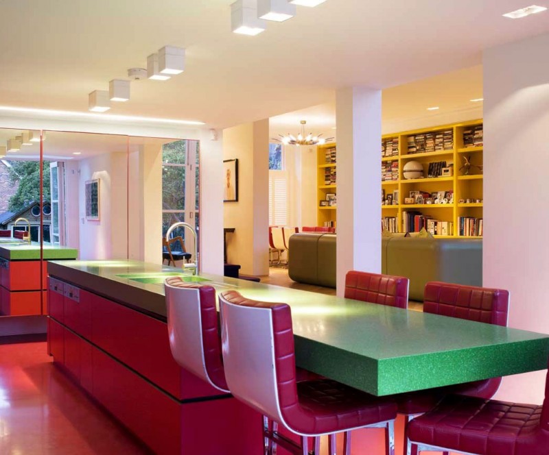 Green Light With Interesting Green Light Red Island With Tufted Single Chairs And Iron Faucet On It Installed Inside Chevron Residence Dream Homes  Elegant And Vibrant Interior Design For Stunning Creative Brick House