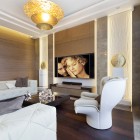 Interior With Above Lavish Interior With Ultimate TV Above Minimalist Sideboard Classic Chandelier And Hidden Light Wood Wall Panel White Sofas Box Coffee Table Dream Homes Extravagant Luxurious Interior Decoration Brings Warm And Cozy Nuance