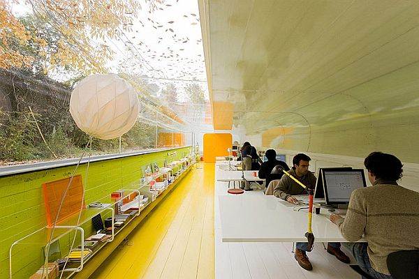 White Desks Selgas Long White Desks In The Selgas Cano Architectural Office With Long Glass Shelves And Yellow Floor Office & Workspace Modern Office Design Details In A Stunning Home Interior