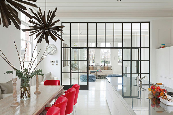 Red Chairs Modern Lovely Red Chairs In The Modern London House Dining Room With Long Wooden Table And Unusual Lamps Dream Homes  Elegant Simple Interior Design Maximizing Bright White Color Scheme