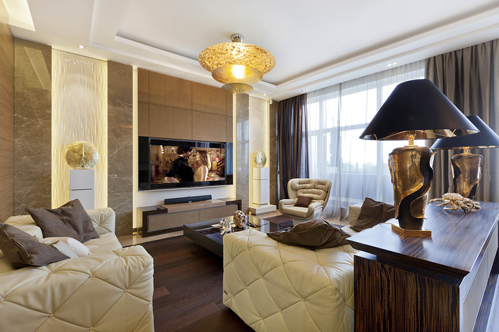 Living Room White Luxurious Living Room With Cool White Tufted Sofas And Low Coffee Table Glamorous Gold Chandelier Sophisticated TV Lavish Table Lamps Dream Homes Extravagant Luxurious Interior Decoration Brings Warm And Cozy Nuance