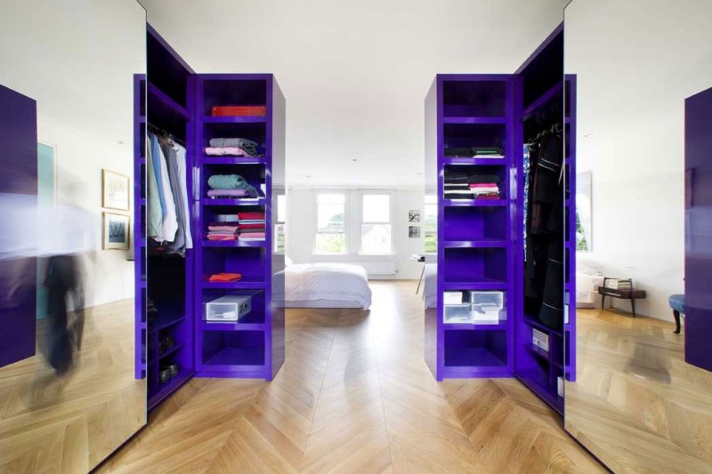 Purple Walk For Luxury Purple Walk In Closet For Men With Many Locker On It Installed On The Wooden Striped Floor Inside The Chevron Residence Dream Homes Elegant And Vibrant Interior Design For Stunning Creative Brick House