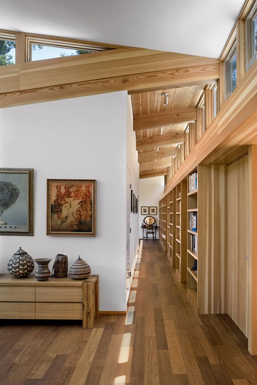 Modern Cottage Furnished Minimalist Modern Cottage Hallway Design Furnished With Long Blonde Wooden Book Shelves And Racks Sebastopol Residence Dream Homes Gorgeous Modern Residence Full Of Warm Tones And Cozy Textures