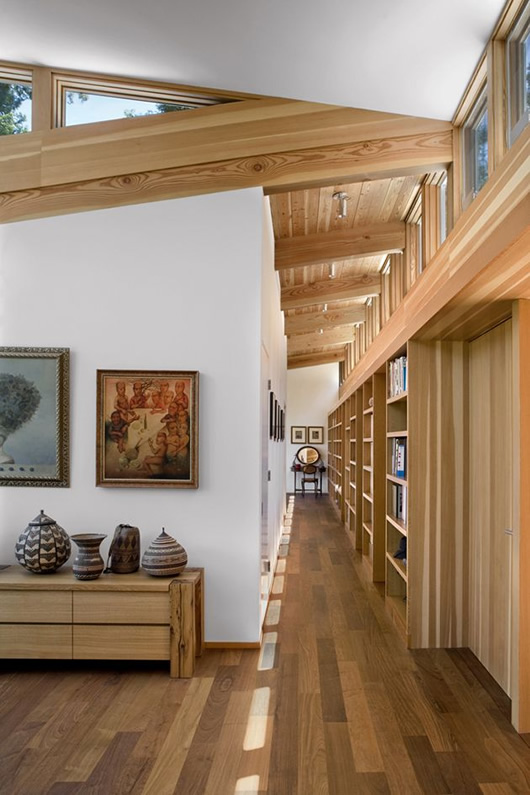 Modern Cottage Furnished Minimalist Modern Cottage Hallway Design Furnished With Long Blonde Wooden Book Shelves And Racks Sebastopol Residence Dream Homes  Gorgeous Modern Residence Full Of Warm Tones And Cozy Textures