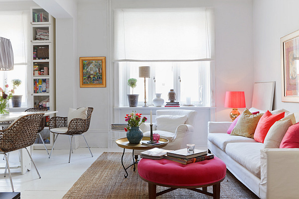 Living Room Color Modern Living Room With Neon Color With Red Ottoman Between Chairs And Sofas In White Color Interior Design  Colorful Neon Interior Paint With Contemporary Interior Accents