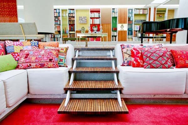 Living Room Stairwell Nice Living Room With Wooden Stairwell In The Miller House That Colorful Pillows Make Nice The Decor Dream Homes  Vibrant And Colorful Interior Design For Rooms In Your Home