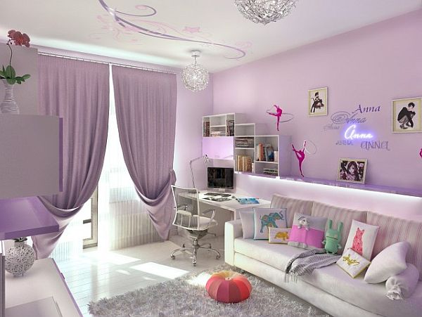 Girl Room Grey Purple Girl Room Design With Grey Fur Rug Feat Sofas That Glossy Floor Make Nice The Interior Design Interior Design Colorful Neon Interior Paint With Contemporary Interior Accents