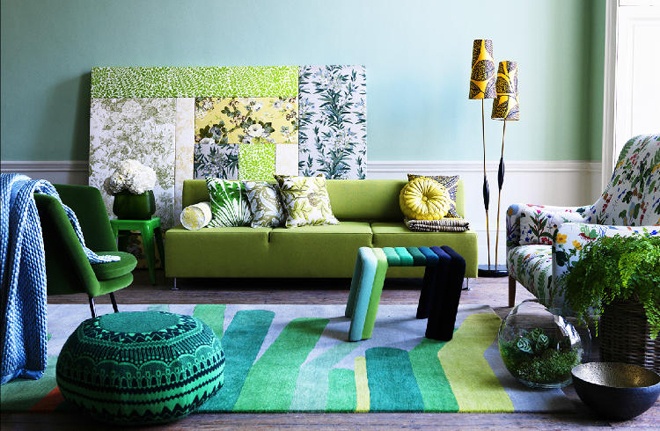 Green Blue Interior Refreshing Green Blue Living Room Interior Idea Involving Patterned Rug Painting Sofa Stools And Chairs As Complement Interior Design  Easy Stylish Home Designed By Bright Green Color Schemes