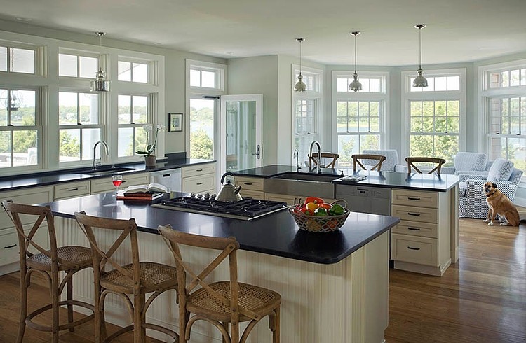 Kitchen Design Kitchen Remarkable Kitchen Design Applied White Kitchen Island And Black Countertop Idea At Falmouth Residence Marthas Vineyard Interior Design Fabulous Classic Interior Decoration With Surrounding Windows Design