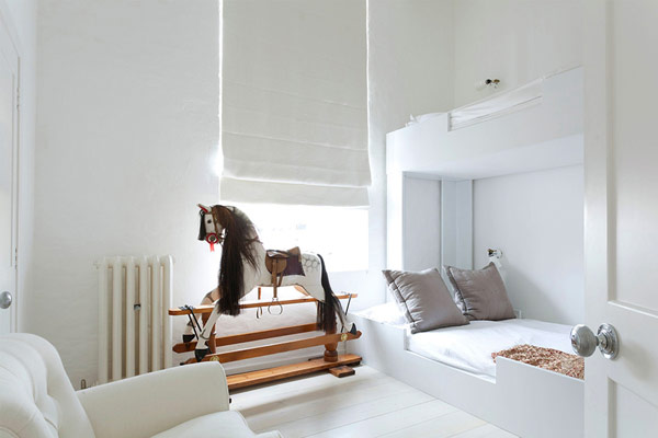 Horse Toy Modern Rustic Horse Toy In The Modern London House Kids Bedroom With White Bunk Beds And White Sofa Dream Homes  Elegant Simple Interior Design Maximizing Bright White Color Scheme