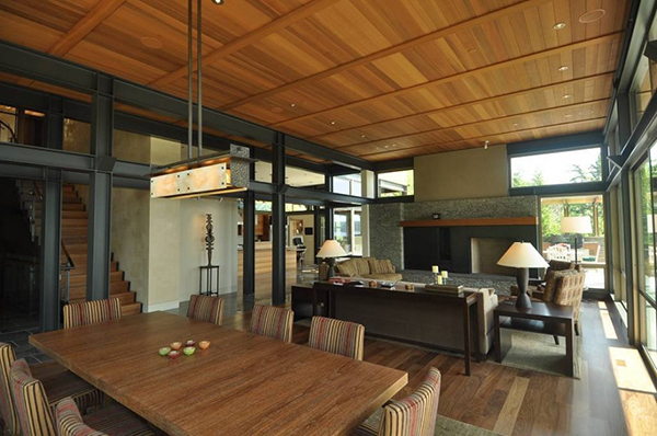 Dining Room House Simple Dining Room Of Lake House With Wooden Table And Brown Chairs Near The Living Room Dream Homes Contemporary Lake House Integrates With Beautiful Natural Landscape