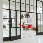 Glass Doors Modern Simple Glass Doors Near The Modern London House Kitchen And Dining Room With White Island And Red Chairs Dream Homes Elegant Simple Interior Design Maximizing Bright White Color Scheme