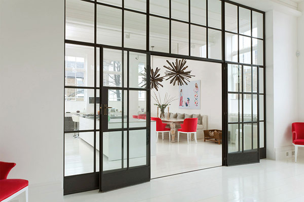 Glass Doors Modern Simple Glass Doors Near The Modern London House Kitchen And Dining Room With White Island And Red Chairs Dream Homes  Elegant Simple Interior Design Maximizing Bright White Color Scheme