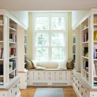 Traditional Home Cozy Simple Traditional Home Library With Cozy Reading Nook In Wooden Cream With Storage Window Seat With Brown Pillows Interior Design Nice Home Library With Stunning Black And White Color Schemes