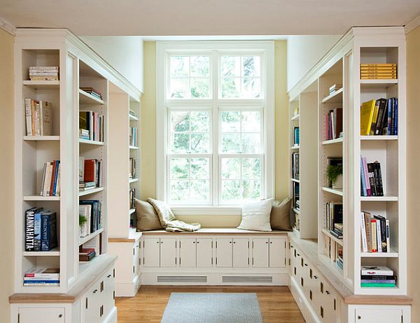 Traditional Home Cozy Simple Traditional Home Library With Cozy Reading Nook In Wooden Cream With Storage Window Seat With Brown Pillows Interior Design Nice Home Library With Stunning Black And White Color Schemes