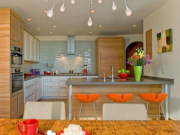 Modern Kitchen Color Sleek Modern Kitchen With Neon Color That Orange Chairs Under The Pendant Lamps Make Perfect The Room Interior Design  Colorful Neon Interior Paint With Contemporary Interior Accents