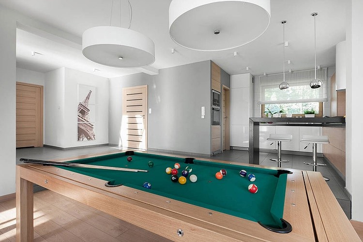 Family Room Pool Sophisticated Family Room With Modern Pool Table And Mini Bar In House Zabrze Widawscy Studio Applied Chrome Stools Dream Homes Mesmerizing Contemporary Interior Design In Bright Decoration Style