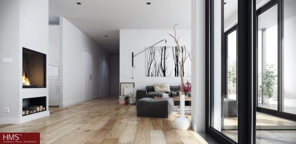 Hoang Minh Living Spacious Hoang Minh Nordic Style Living With Touches Of Black Wooden Floors And Fireplace On White Painted Center Wall Involved Wood Glass Window Dream Homes Fancy Nordic Interior Concept In Beautiful Appearance Views