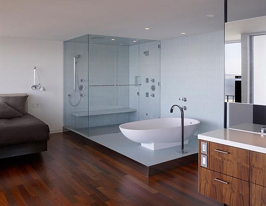 Bedroom With Bathtub Stunning Bedroom With Porcelain White Bathtub Side By Side With Shower Room Equipped Lavish Ludwig Penthouse With Wooden Vanity Desk Apartments Luxury Penthouse Apartment In San Francisco With Sophisticated Accents