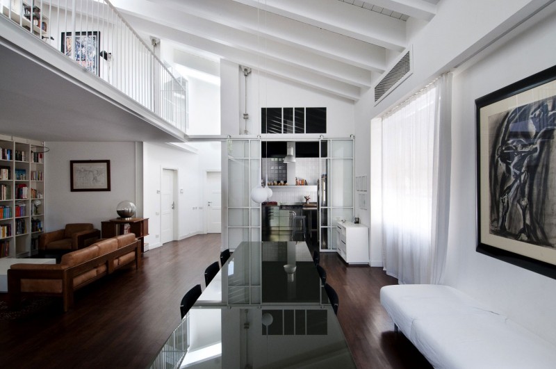 Col Dil Painting Stunning Col Dil Lana Artistic Painting Rectangular Glass Dining Table Vintage Leather Sofa White Bookcase Shiny Pendant Lights Apartments  Cozy Modern Interior With Beautiful Wood And White Floors