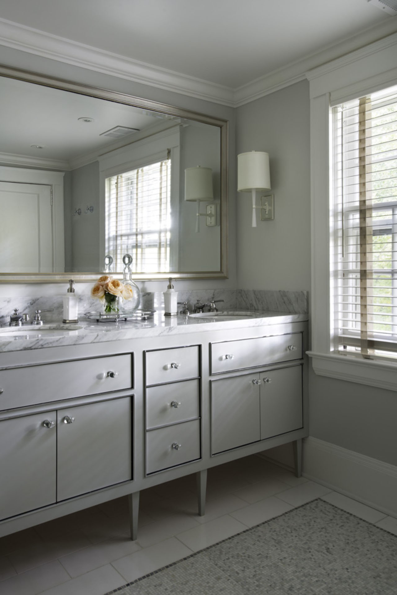 Avon Road Bhdm Stylish Avon Road Residence By BHDM Master Bathroom Idea Involving Double Grey Vanity With Framed Mirror  Classic Living Room Style For The Stylish Home Appearance