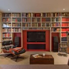 Red Color At Stylish Red Color Accent Applied At Full Wall Home Library Shelves With Black Leather Chaise And Ottoman In Cream Room Interior Design Nice Home Library With Stunning Black And White Color Schemes