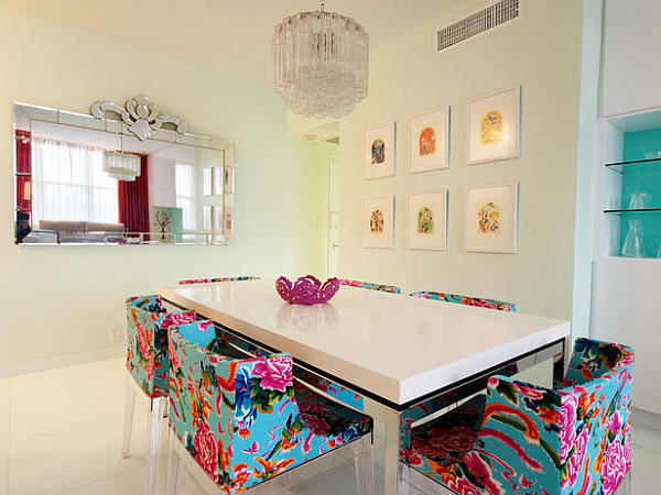 Floral Patterned With Sweet Floral Patterned Neon Chairs With Nice Chairs Facing Cream Table Under The Pendant Lamps Design Interior Design  Colorful Neon Interior Paint With Contemporary Interior Accents