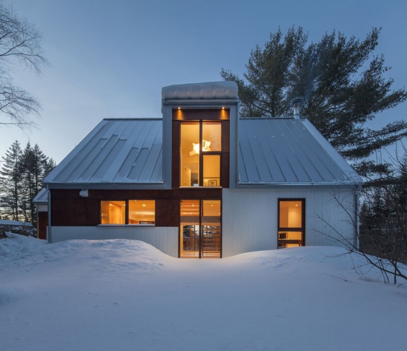 White Dark Cabane Terrific White Dark Brown In Cabane Residence Design Beautified Wooden Glasses Windows With Dark Lamp Inside It Interior Design Classic And Contemporary Country House Blending Light Wood And Glass Elements