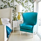 Bedroom Wallpaper Chair Tropical Bedroom Wallpaper With Blue Chair Beside Small Table Feat Lamp In White Color Beside Flower Wall Design Interior Design Chic And Tropical Interior Design For Sweet Contemporary Homes