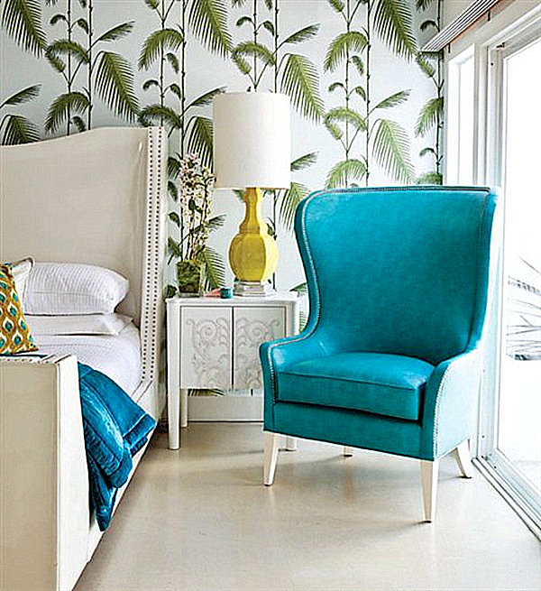 Bedroom Wallpaper Chair Tropical Bedroom Wallpaper With Blue Chair Beside Small Table Feat Lamp In White Color Beside Flower Wall Design Decoration Chic And Tropical Interior Design For Sweet Contemporary Homes