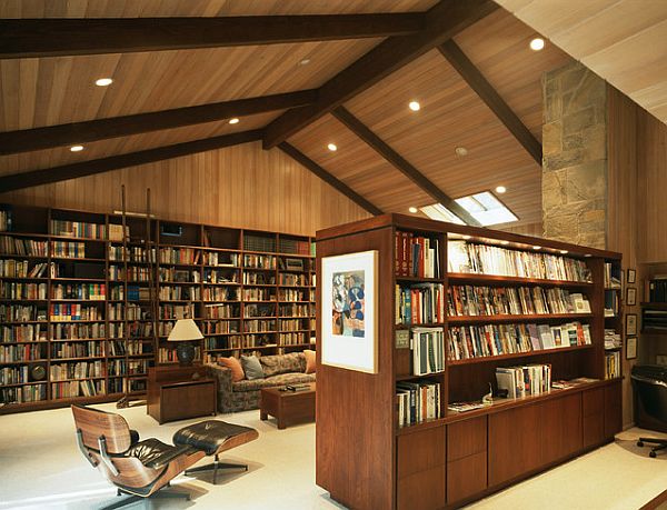Wooden Element Huge Warm Wooden Element Existence Of Huge Home Library Design In Brown Shades With Wooden Shelves And Patterned Seats  Nice Home Library With Stunning Black And White Color Schemes