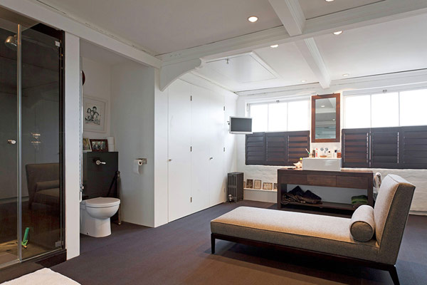 Bathroom Interior Modern Wonderful Bathroom Interior Inside The Modern London House With Brown Chaise And Wooden Vanity Under White Sink Architecture Elegant Simple Interior Design Maximizing Bright White Color Scheme