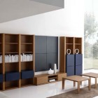 Bookshelves Combined Blue Wooden Bookshelves Combined With Dark Blue Racks Help The Modern And Minimalist Living Room Designs Neat And Organized Dream Homes Minimalist White Interiors Looking So Stylish Bright Nuance