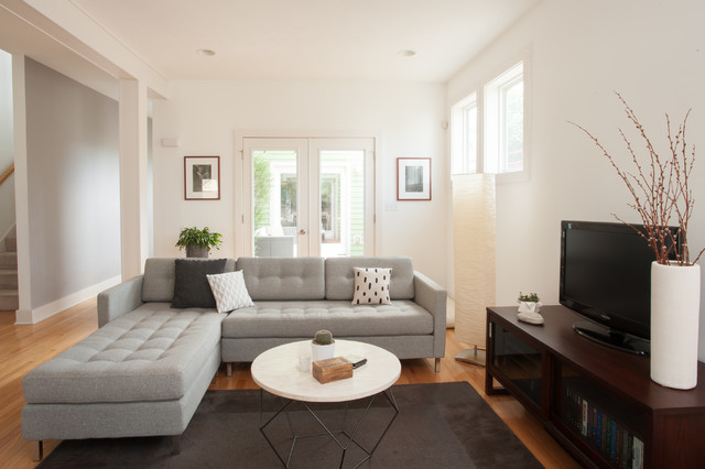 White Painted Idea Airy White Painted Family Room Idea With Light Grey Tufted Small Sectional Sofa Completed With Round Table Furniture 17 Small Sectional Leather Sofas For Chic Homes With Modern Personality