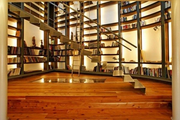 Library Room Beautiful Amazing Library Room In The Beautiful Home With Tidy Bookshelves And Unique Staircase On Hardwood Floor Architecture Breathtaking Mountain House Blends In With Fresh Landscape Environment