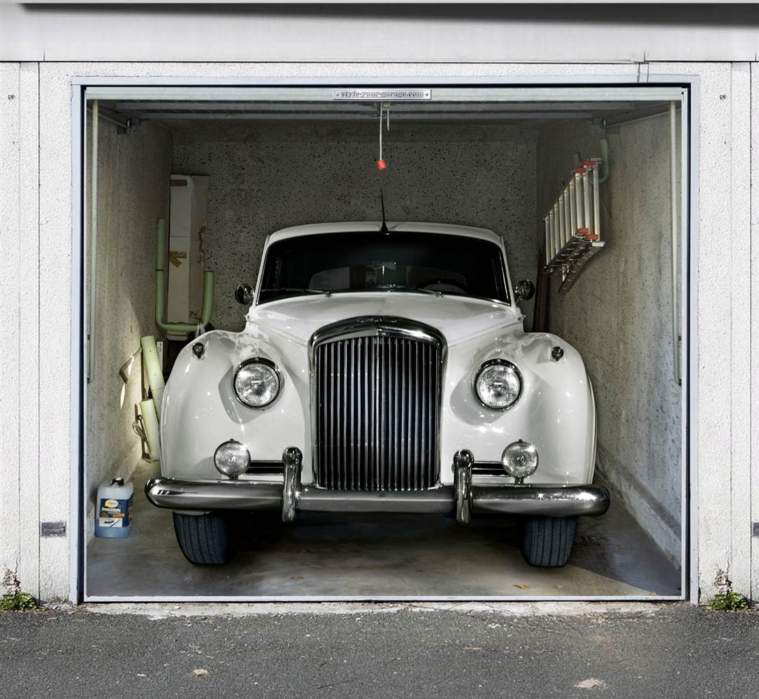 Car Parked Displayed Antique Car Parked Inside Garage Displayed As Garage Door Decals With Messy Look Background With Green Pipes Decoration Creative Garage Door Covers And Decals To Style Your Artistic Garage Door
