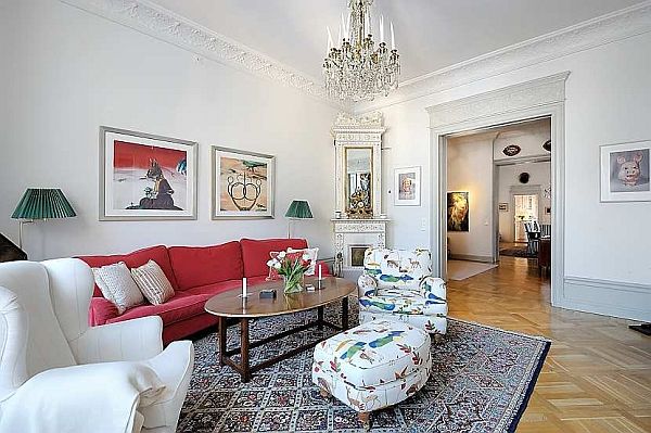 Contemporary Living Traditional Appealing Contemporary Living Room In Traditional Swedish Apartment Displaying Red Living Sofa And White Lounge On Carpet Apartments  Vintage Swedish Home Decorated With Contemporary Scandinavian Touch Of Traditional Style