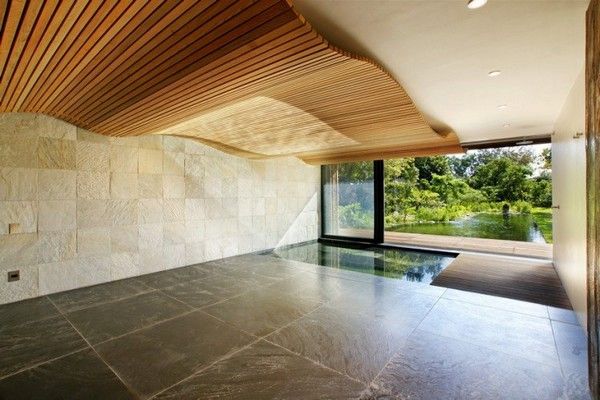 View Of Home Appealing View Of The Beautiful Home With Indoor Pool And Wooden Deck Under The Wavy Wooden Ceiling Architecture Breathtaking Mountain House Blends In With Fresh Landscape Environment