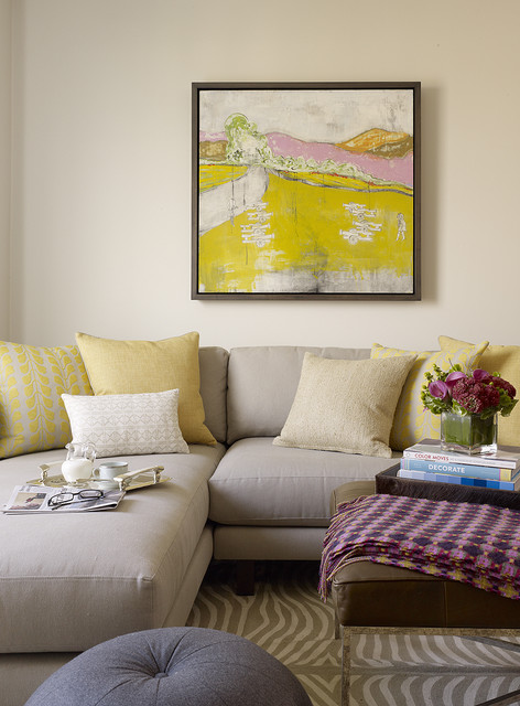 Yellow Scenery On Appealing Yellow Scenery Painting Studded On Center Wall Of Neutral Living Room With Gray Small Sectional Sofa Furniture 17 Small Sectional Leather Sofas For Chic Homes With Modern Personality