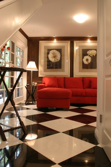 Living Room Red Awesome Living Room Idea With Red Sectional Sofa Placed On Black And White Tiled Flooring With Floral Paintings Decoration  Gorgeous Red Sectional Sofas For A Stylish Modern Interiors