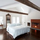 White Bed Quilt Awesome White Bed And White Quilt In The Floating Farmhouse Bedroom With Wide Fireplace On Wooden Floor Apartments Bewitching Modern Farmhouse With White Color And Rustic Appearance