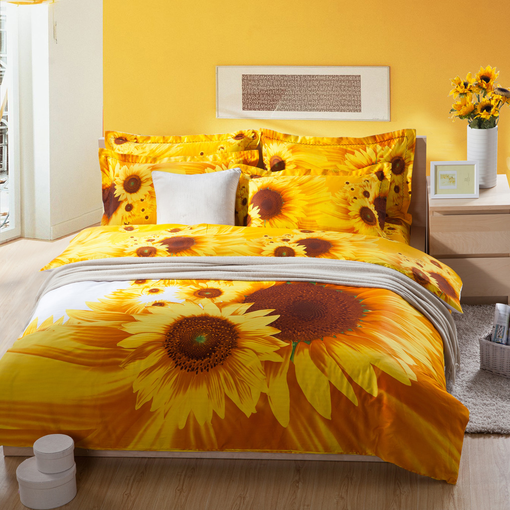 Sun Flower Cover Beautiful Sun Flower Yellow Duvet Cover On Wooden Bed With Wooden Nightstand Installed On The Wooden Striped Floor Bedroom Solid Yellow Duvet Cover For Bright Bedroom Designs