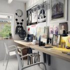 Workspace Design Wooden Beautiful Workspace Design Interior With Wooden Desk Furniture And Grey Chair Decoration And Wooden Flooring Design Ideas Dream Homes Stylish Grey Interior Design With Chic And Beautiful Colorful Paintings