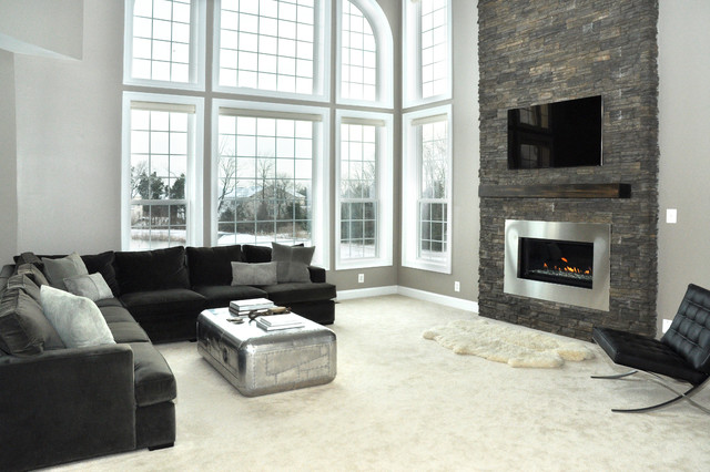 Contemporary Living Interior Captivating Contemporary Living Room Design Interior Used Black Sofa Furniture And Stone Fireplace Design Ideas Fireplace Classic Yet Contemporary Stone Fireplace For Wonderful Family Rooms