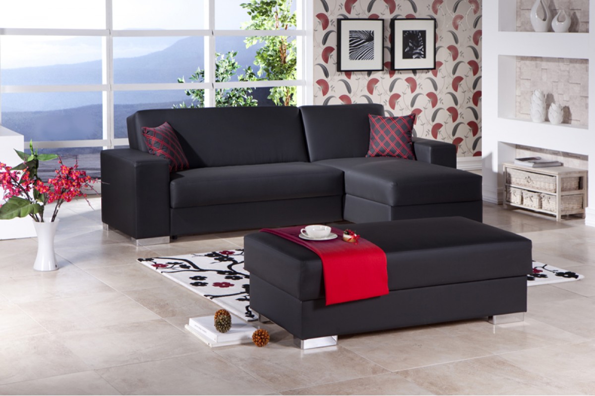 Modern Living With Captivating Modern Living Room Design With Black Colored Convertible Sofa Several Pillows And White Floor Made From Marble Blocks Decoration Comfortable And Contemporary Convertible Sofa In Soft Color Schemes